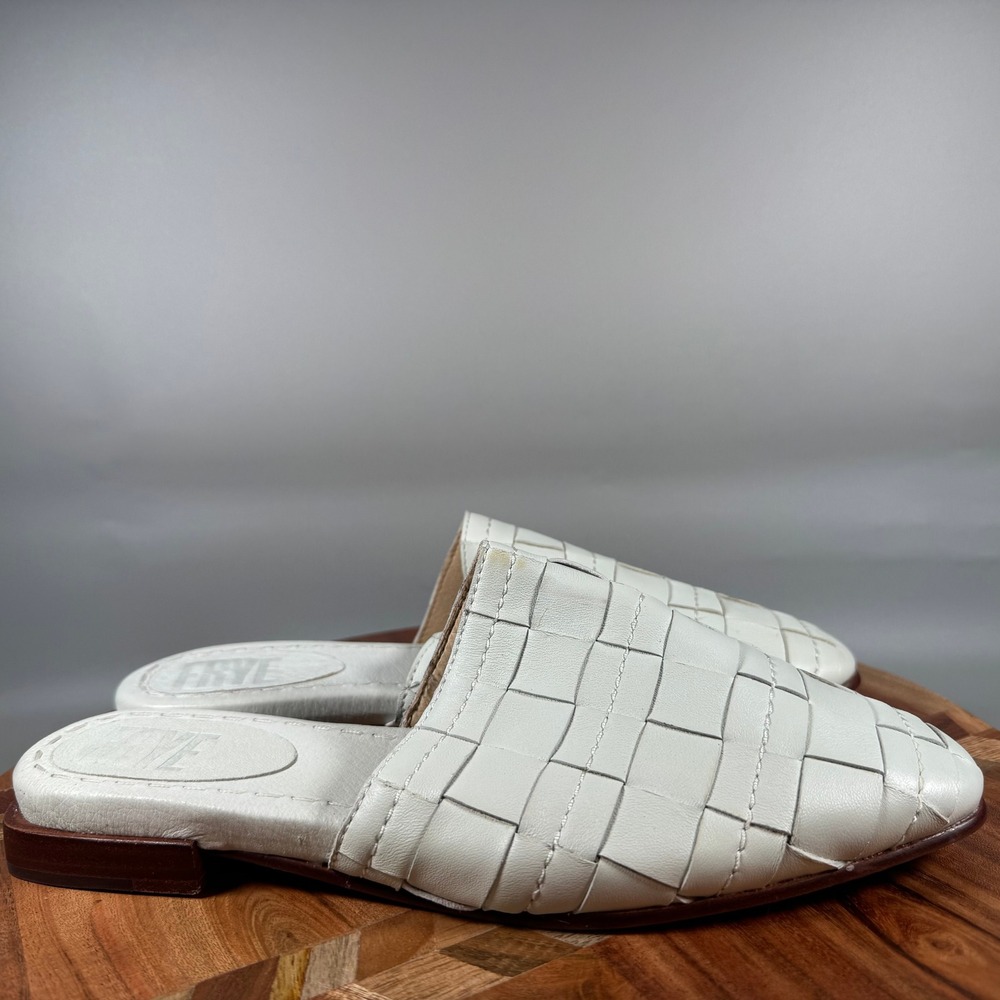 Frye Women White Woven Leather Mules Pointed Toe Flat Slides FR40314 Size 7.5M